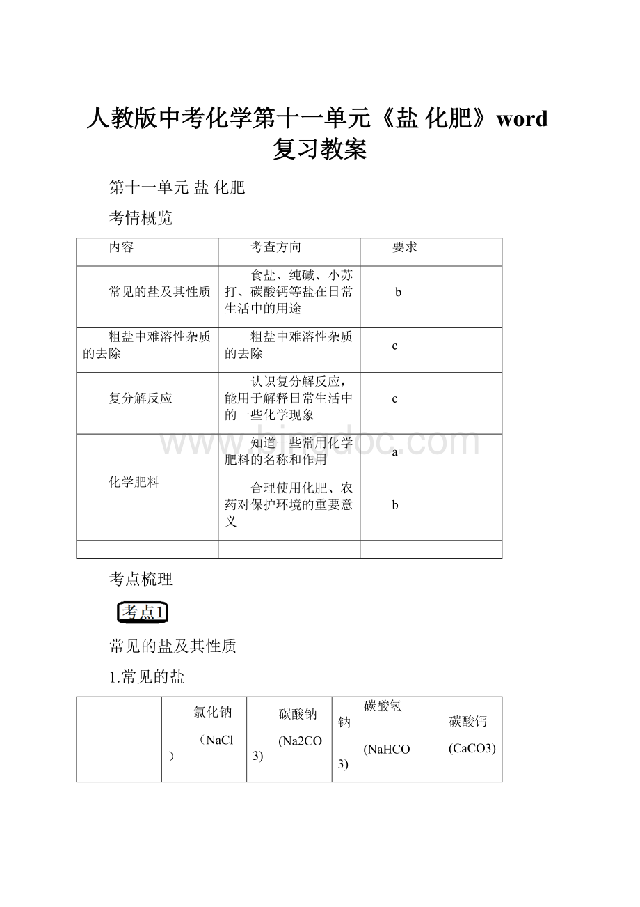 人教版中考化学第十一单元《盐 化肥》word复习教案文档格式.docx_第1页