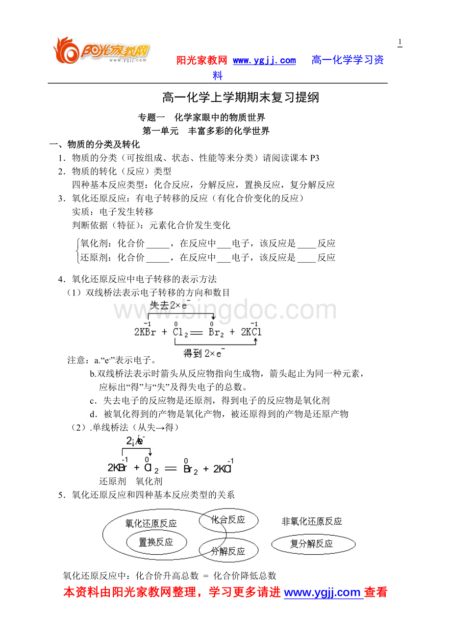 【强烈推荐】高一化学上学期期末复习提纲.doc_第1页