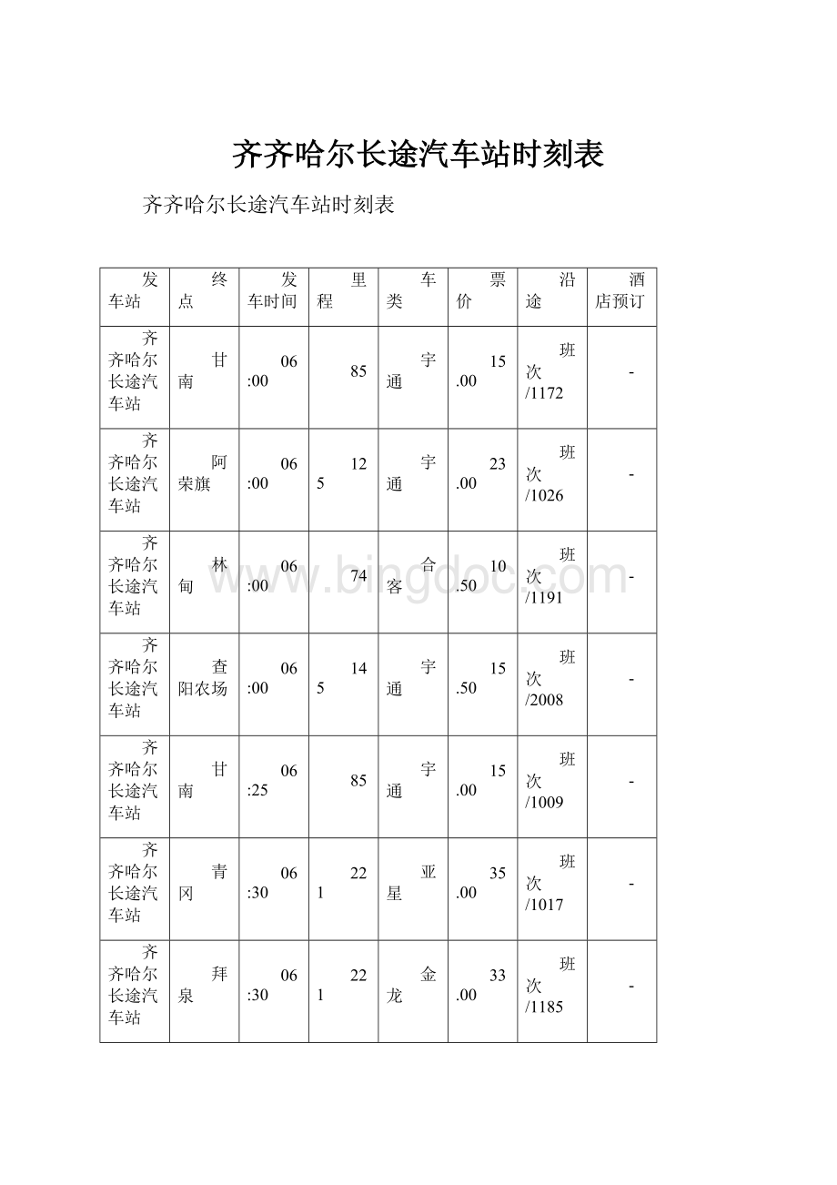 齐齐哈尔长途汽车站时刻表Word文件下载.docx_第1页