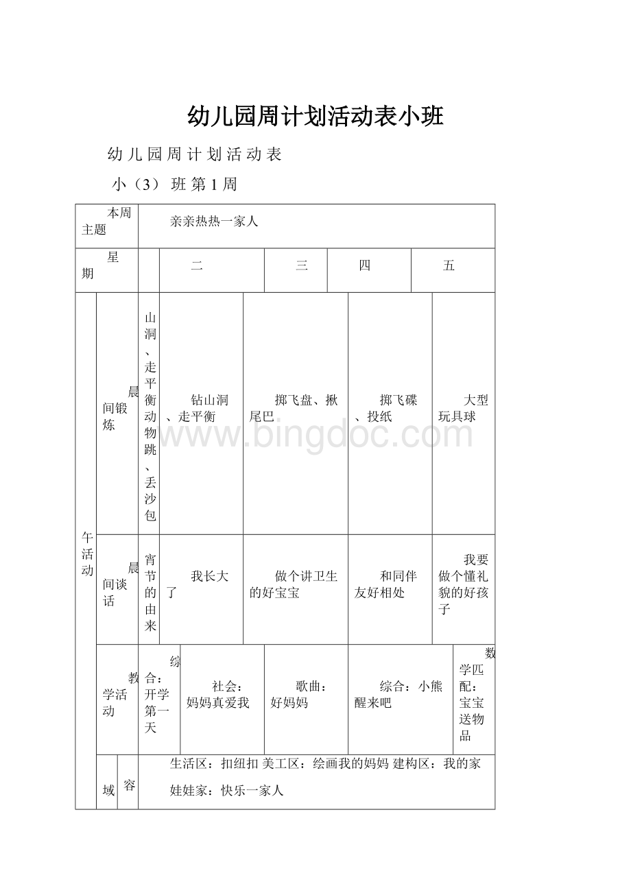 幼儿园周计划活动表小班Word下载.docx