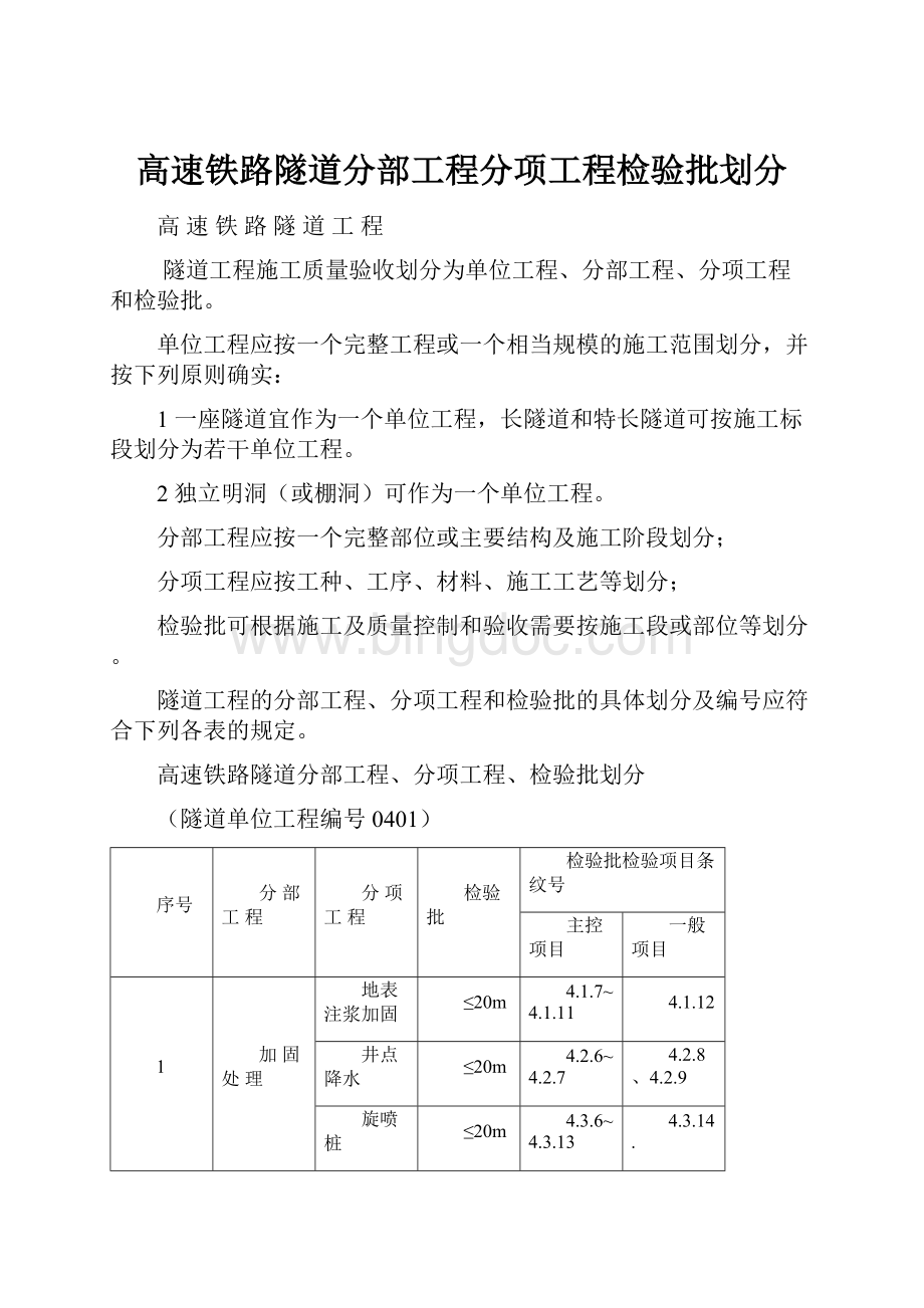 高速铁路隧道分部工程分项工程检验批划分.docx_第1页