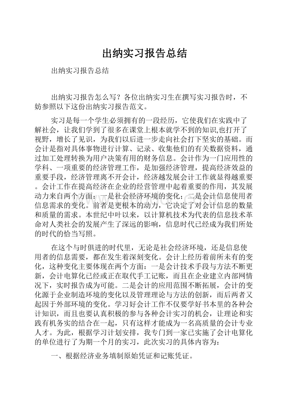 出纳实习报告总结Word文件下载.docx