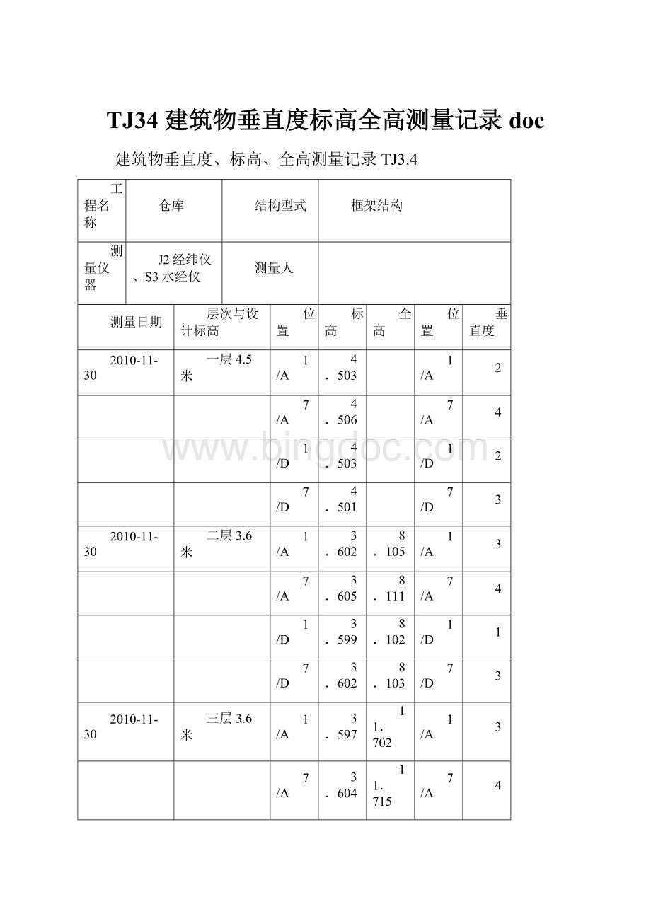 TJ34 建筑物垂直度标高全高测量记录doc.docx_第1页