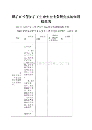 煤矿矿长保护矿工生命安全七条规定实施细则检查表文档格式.docx