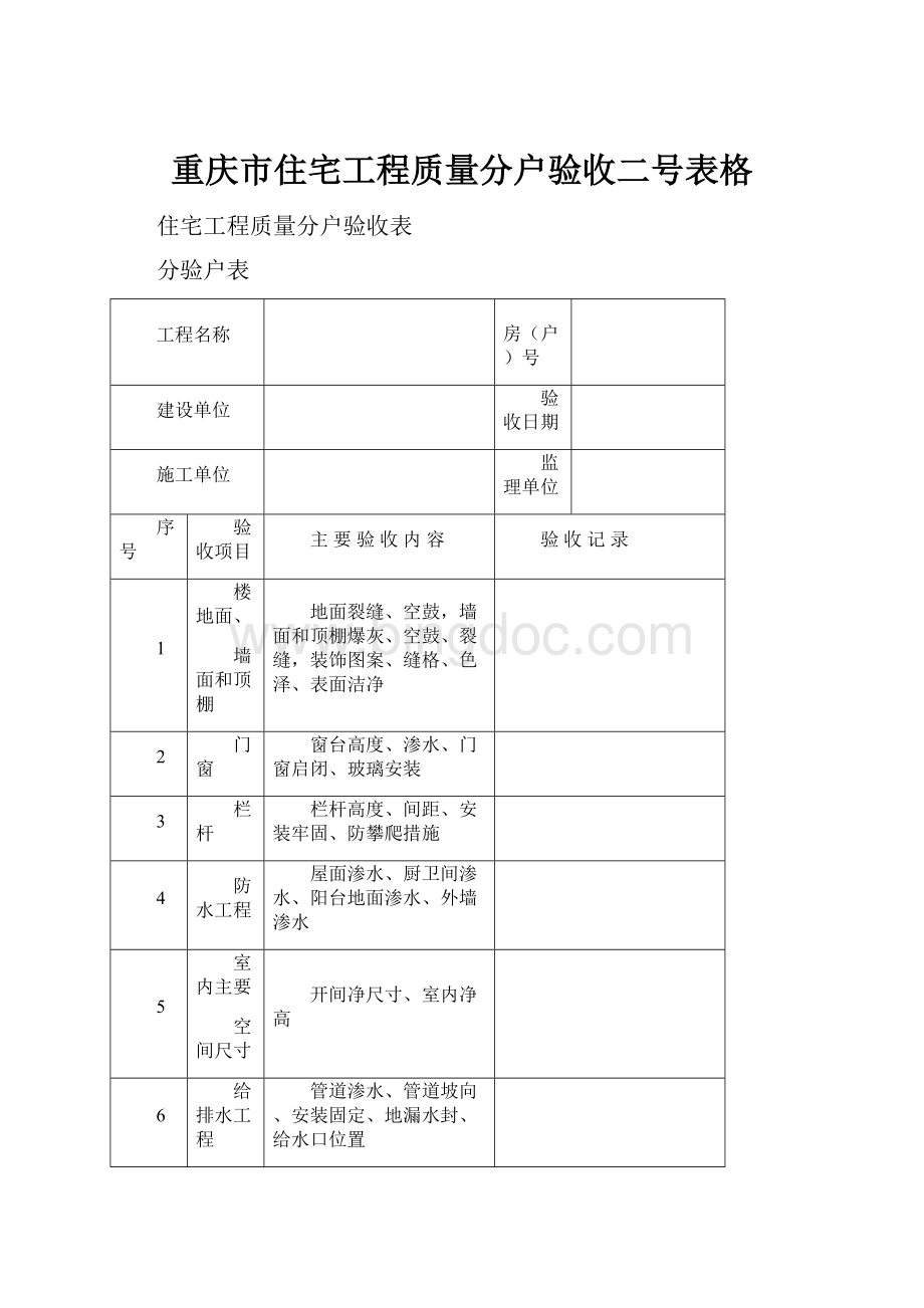 重庆市住宅工程质量分户验收二号表格Word格式.docx_第1页