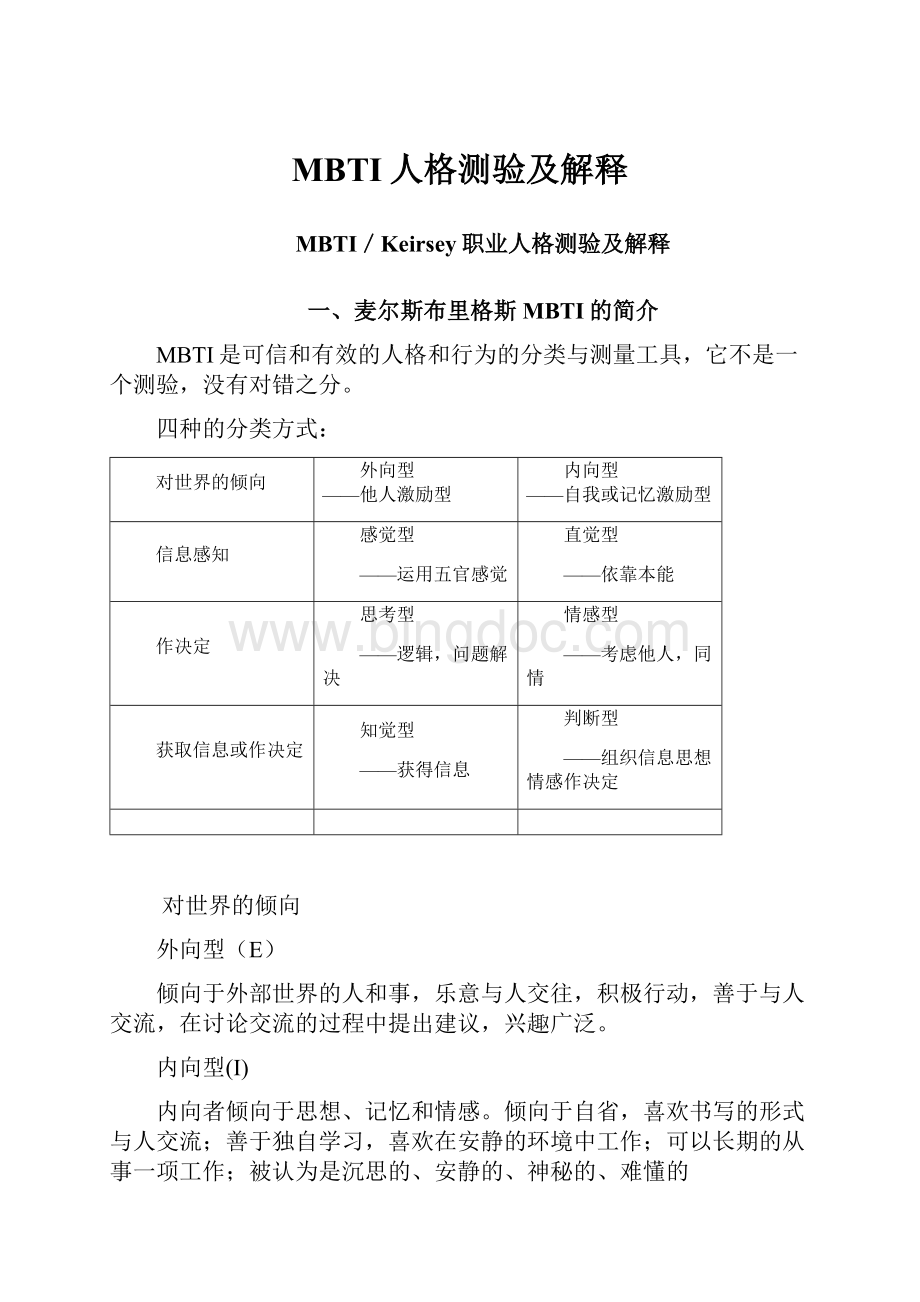 MBTI人格测验及解释Word文件下载.docx_第1页