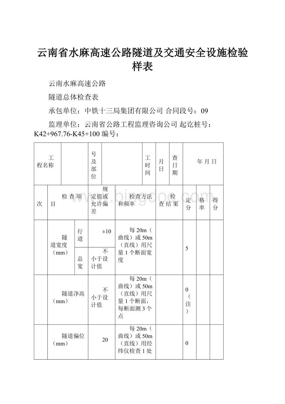 云南省水麻高速公路隧道及交通安全设施检验样表.docx