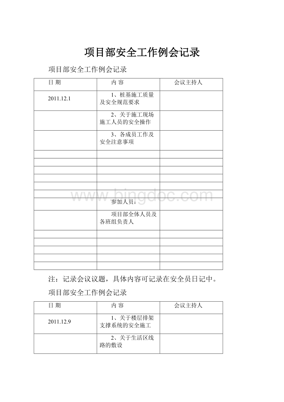 项目部安全工作例会记录Word格式.docx_第1页