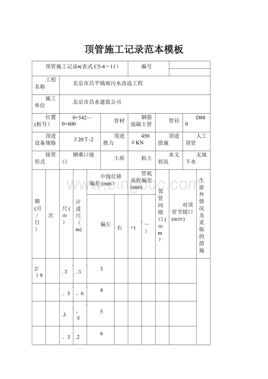 顶管施工记录范本模板Word下载.docx