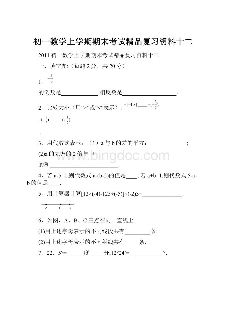 初一数学上学期期末考试精品复习资料十二Word文档下载推荐.docx