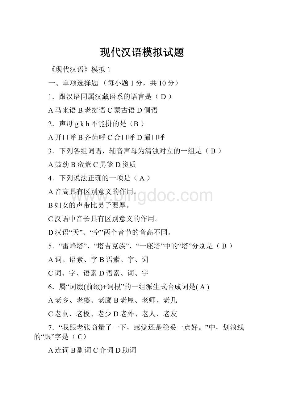 现代汉语模拟试题文档格式.docx_第1页