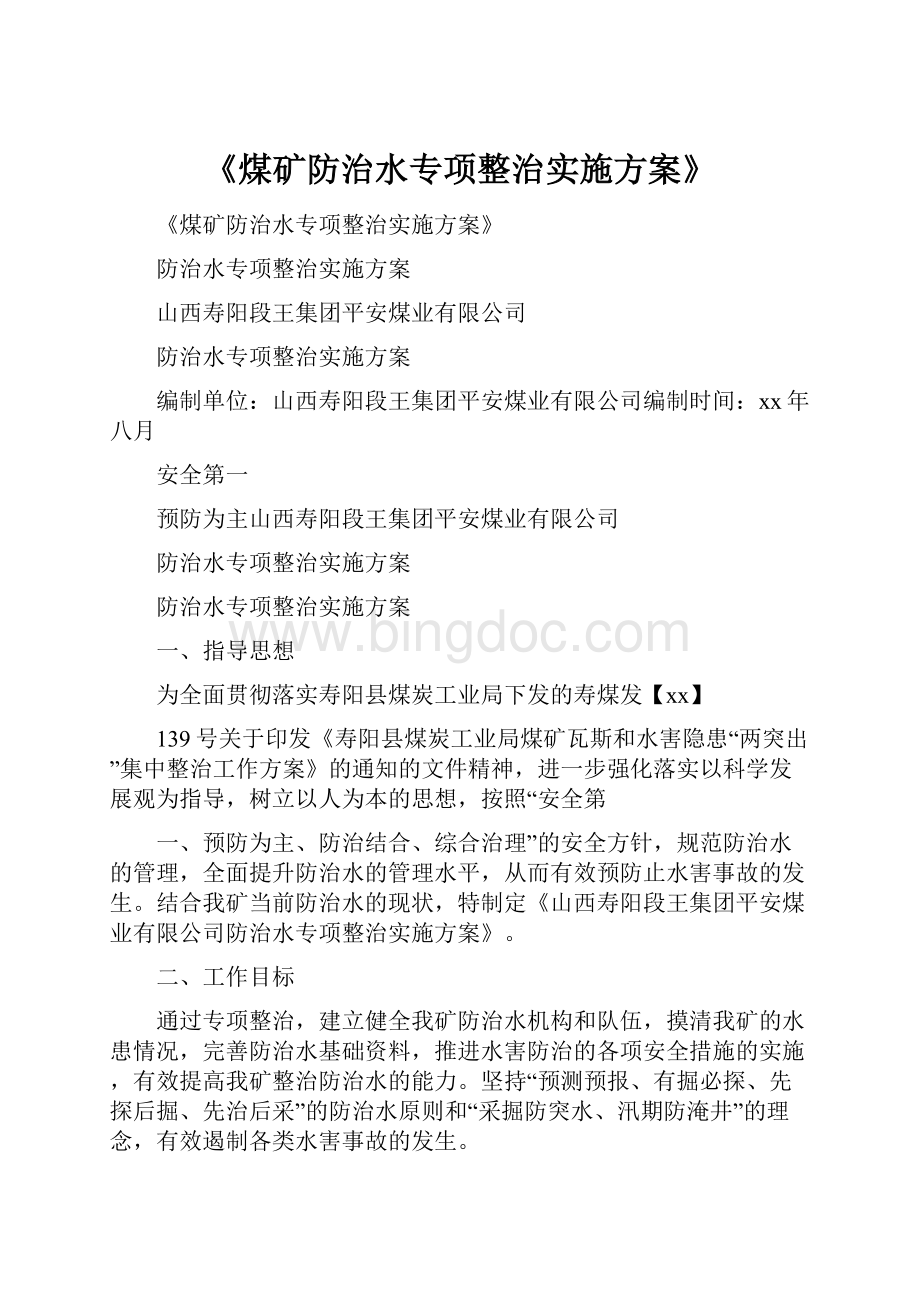 《煤矿防治水专项整治实施方案》Word格式.docx