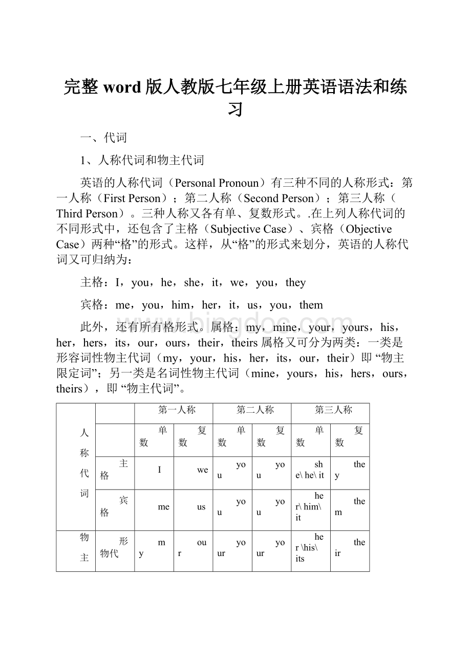 完整word版人教版七年级上册英语语法和练习.docx