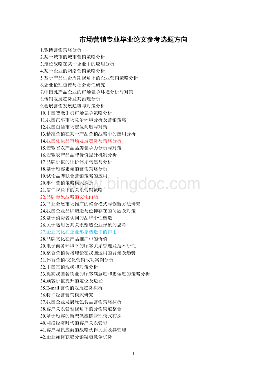 市场营销专业毕业论文参考选题方向Word下载.doc