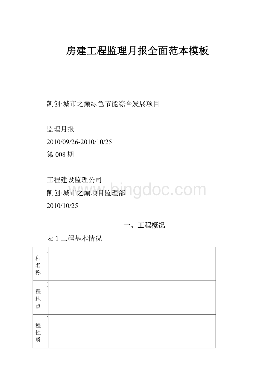 房建工程监理月报全面范本模板.docx_第1页