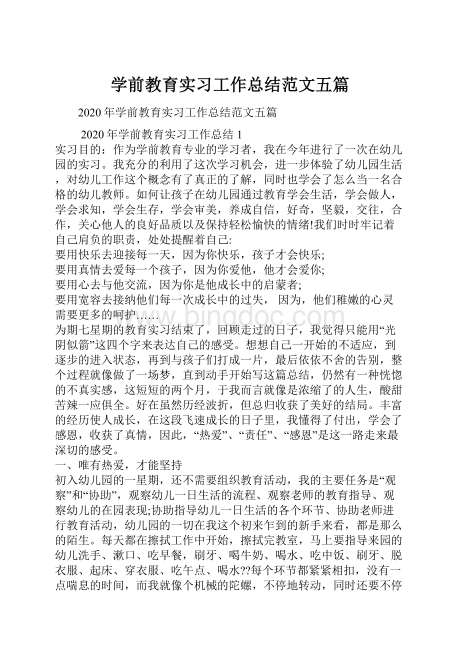 学前教育实习工作总结范文五篇Word格式文档下载.docx