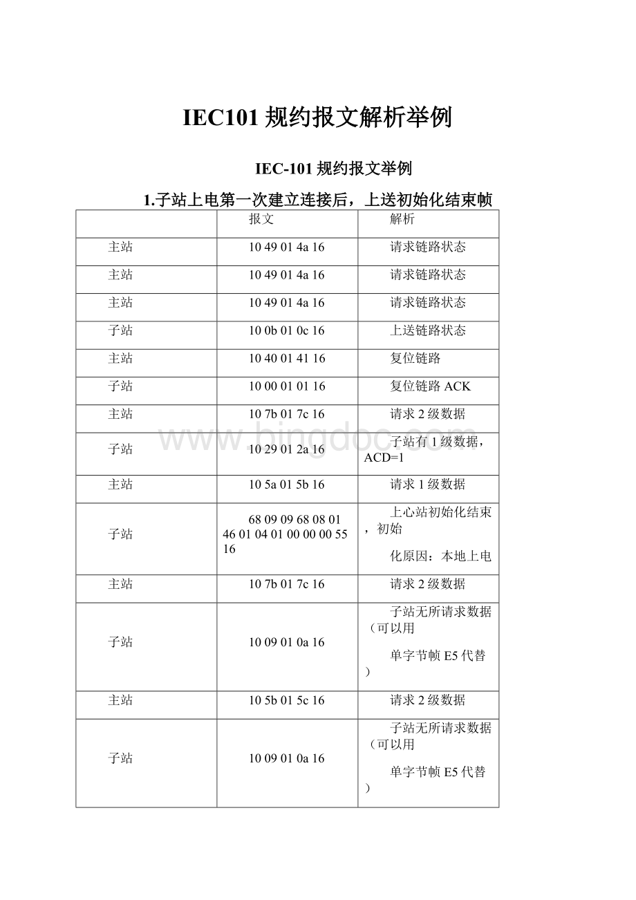 IEC101规约报文解析举例Word文件下载.docx