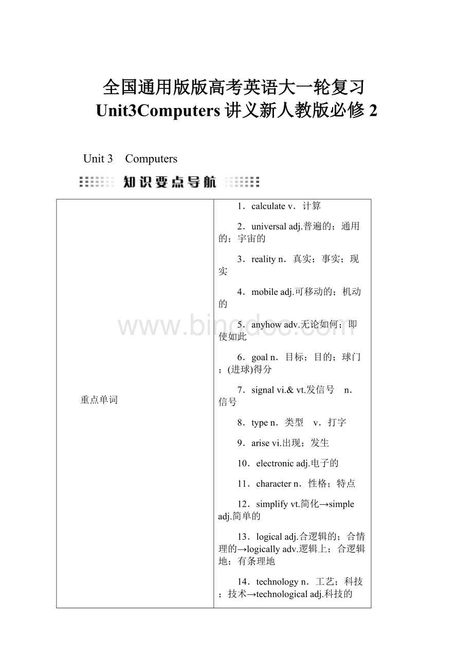 全国通用版版高考英语大一轮复习Unit3Computers讲义新人教版必修2.docx_第1页