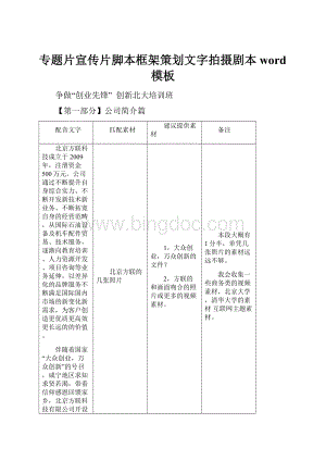 专题片宣传片脚本框架策划文字拍摄剧本word模板Word文档下载推荐.docx