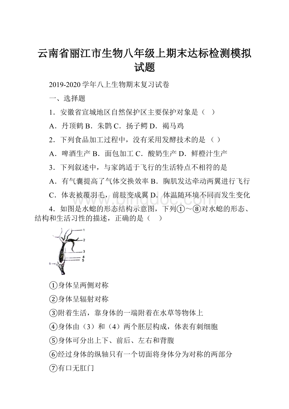 云南省丽江市生物八年级上期末达标检测模拟试题Word下载.docx_第1页