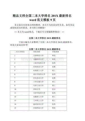 精品文档全国二本大学排名201X最新排名word范文模板 9页.docx