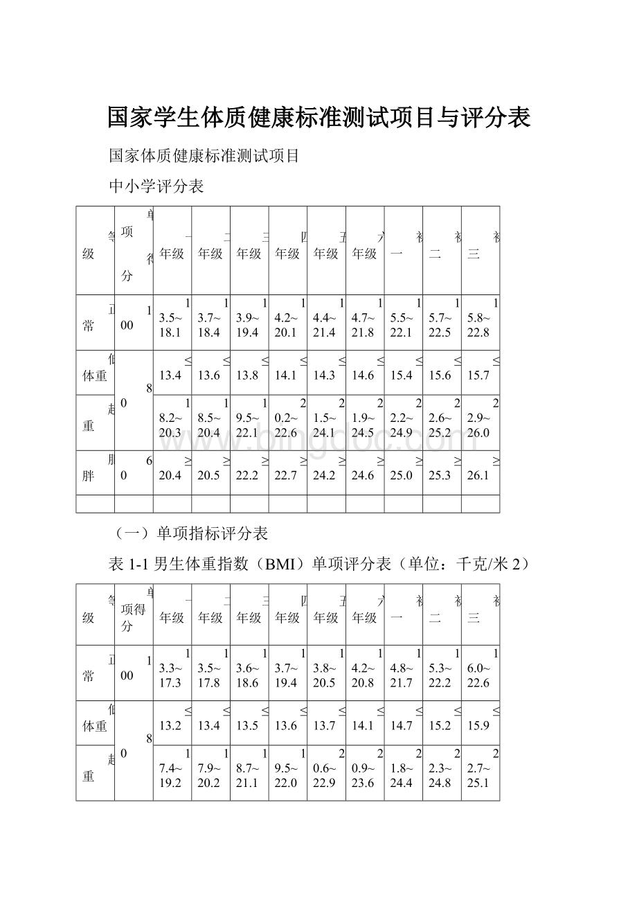 国家学生体质健康标准测试项目与评分表文档格式.docx