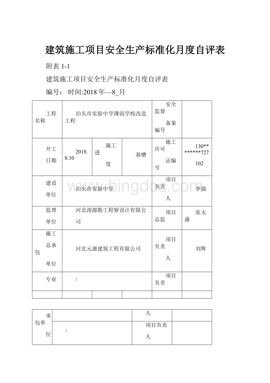 建筑施工项目安全生产标准化月度自评表.docx_第1页