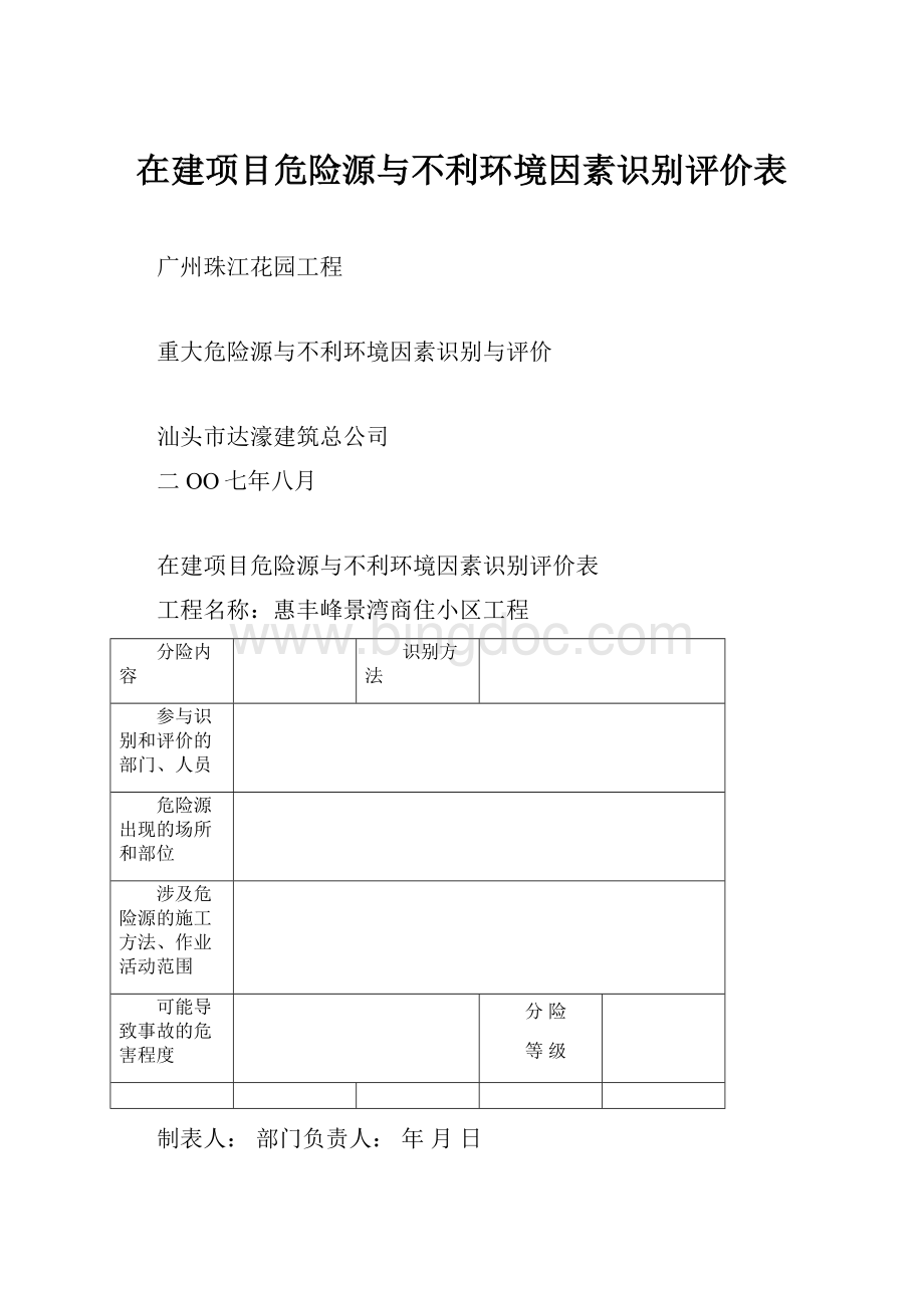 在建项目危险源与不利环境因素识别评价表.docx