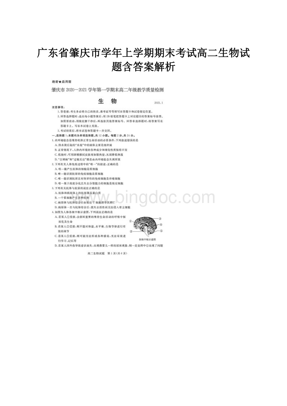 广东省肇庆市学年上学期期末考试高二生物试题含答案解析.docx