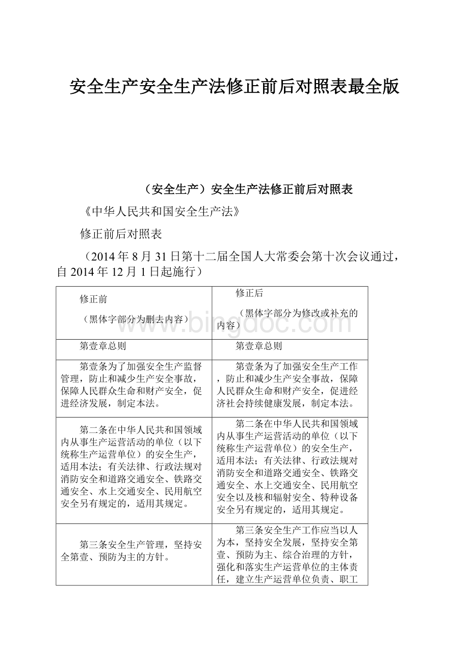 安全生产安全生产法修正前后对照表最全版.docx