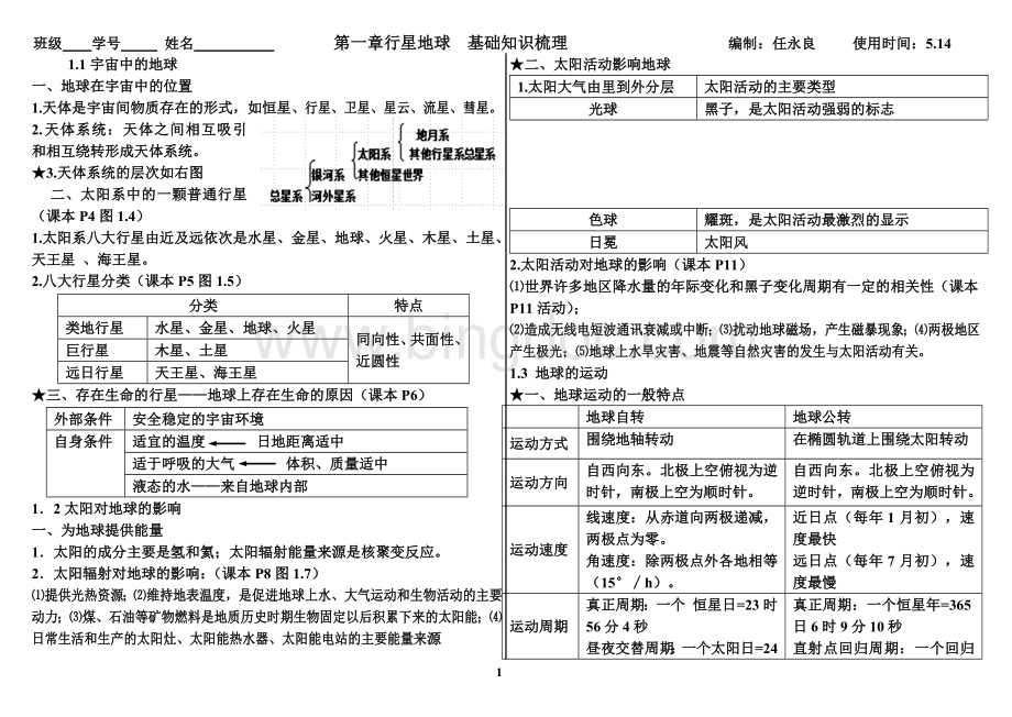 高中地理必修一第一和第二章知识点总结文档格式.doc_第1页