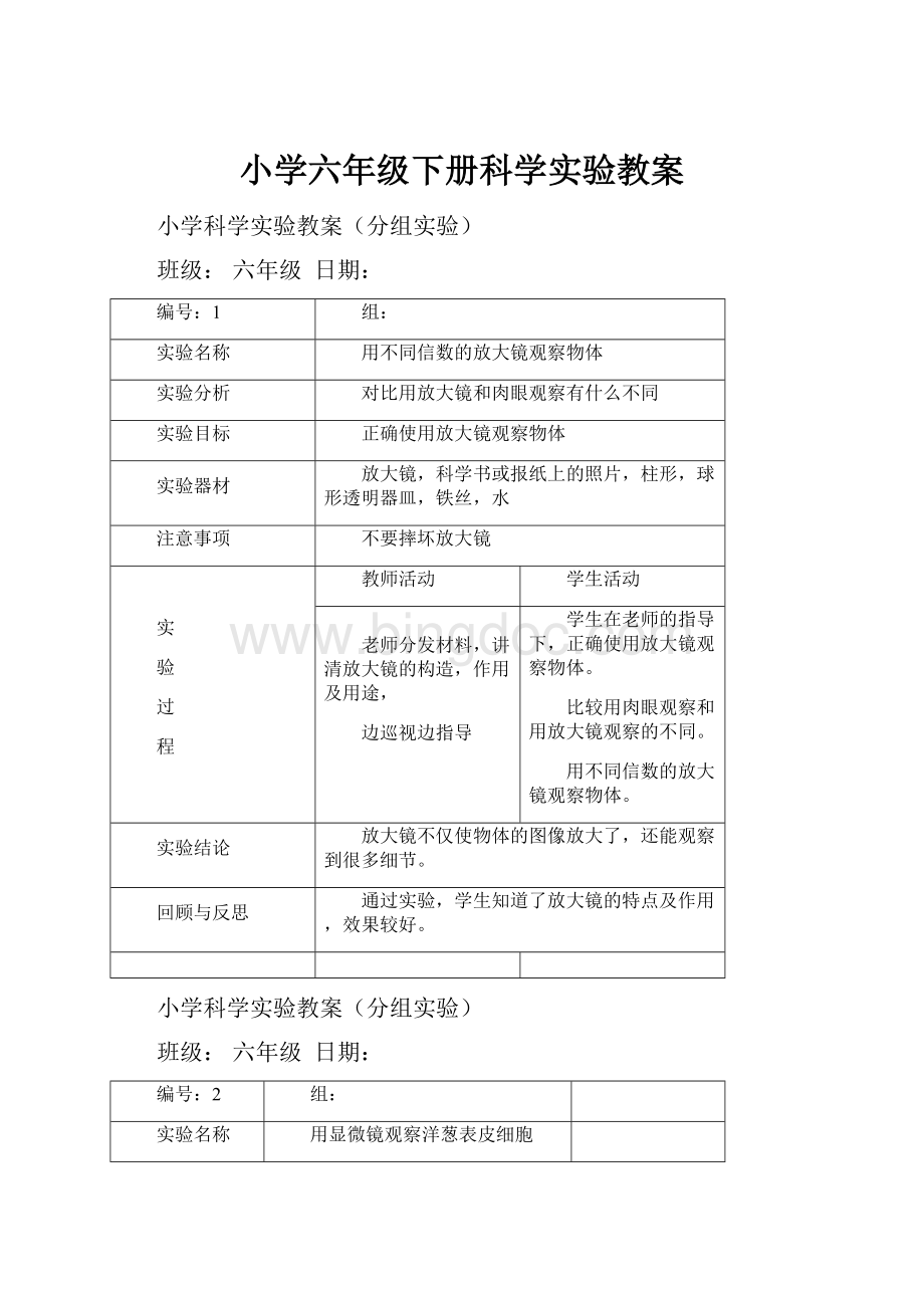 小学六年级下册科学实验教案.docx