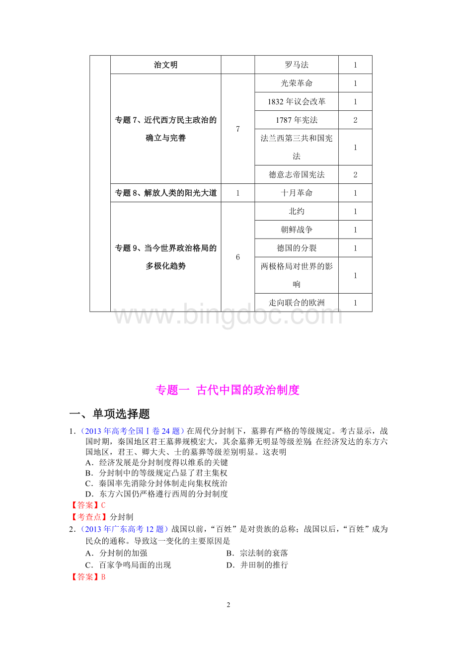 各地高考历史试题分章节汇总必修一.doc_第2页