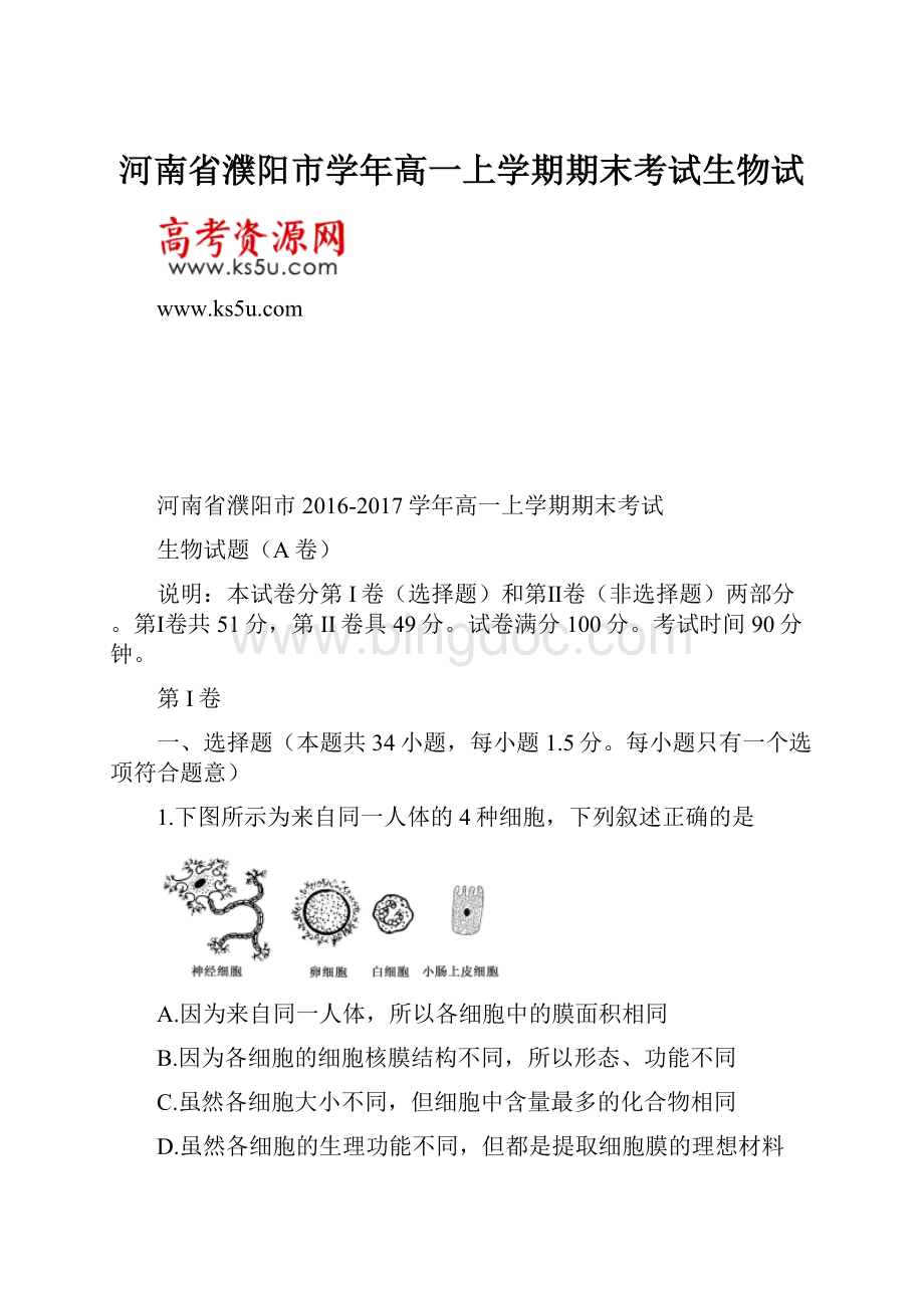 河南省濮阳市学年高一上学期期末考试生物试Word文档下载推荐.docx