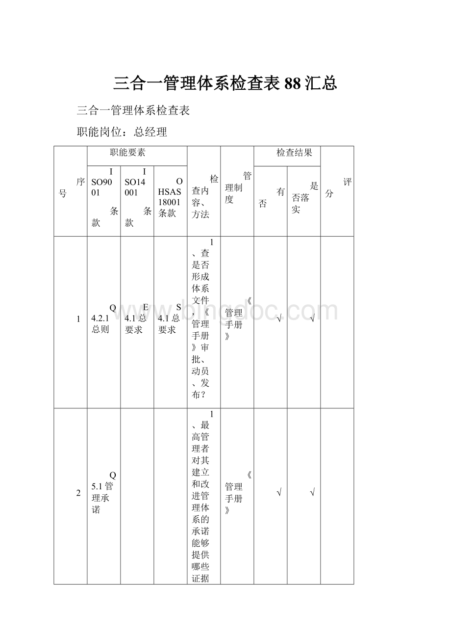 三合一管理体系检查表88汇总Word格式.docx