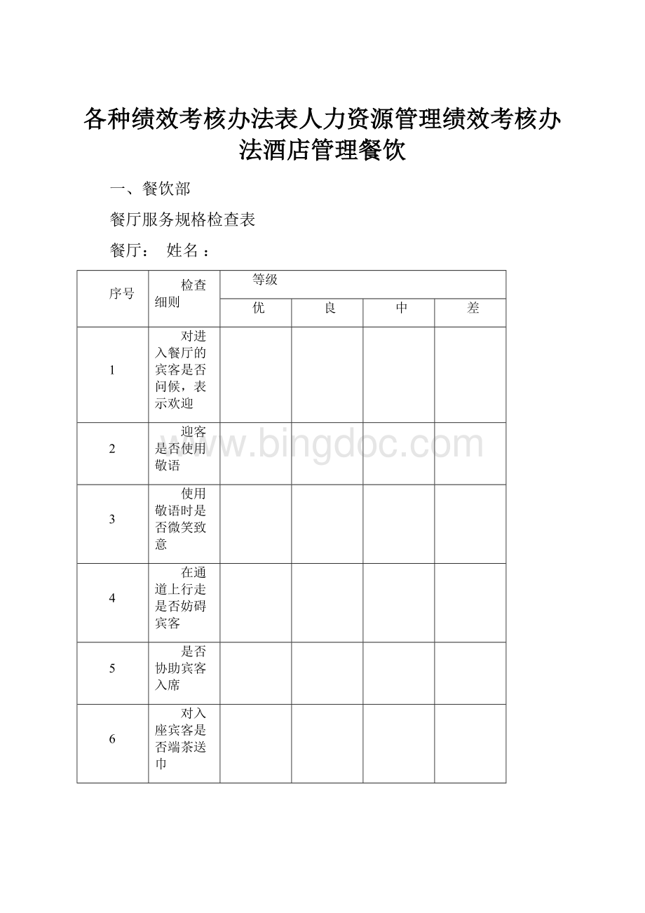 各种绩效考核办法表人力资源管理绩效考核办法酒店管理餐饮.docx_第1页