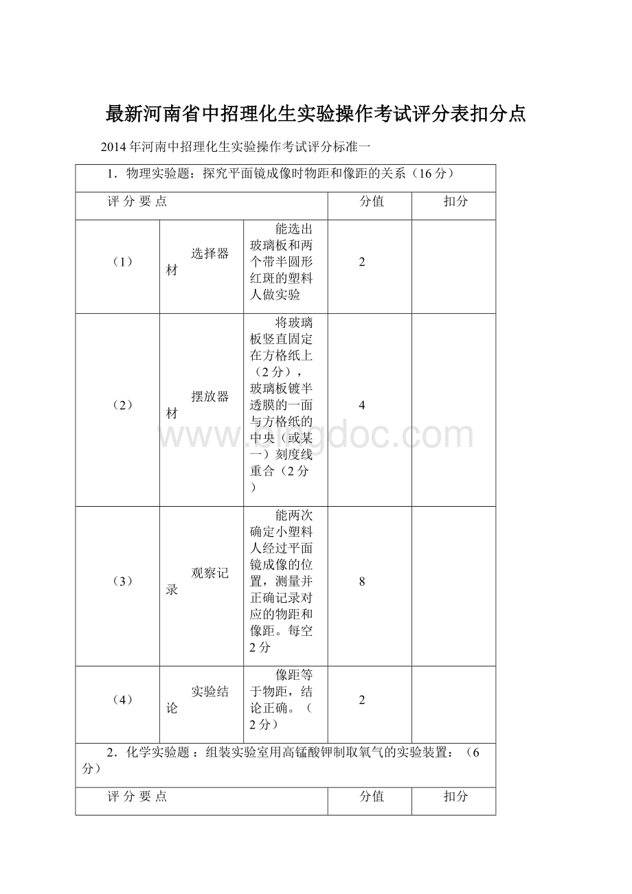 最新河南省中招理化生实验操作考试评分表扣分点Word格式.docx_第1页