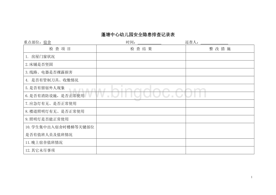 蓬塘中心幼儿园安全隐患排查记录表.doc_第1页