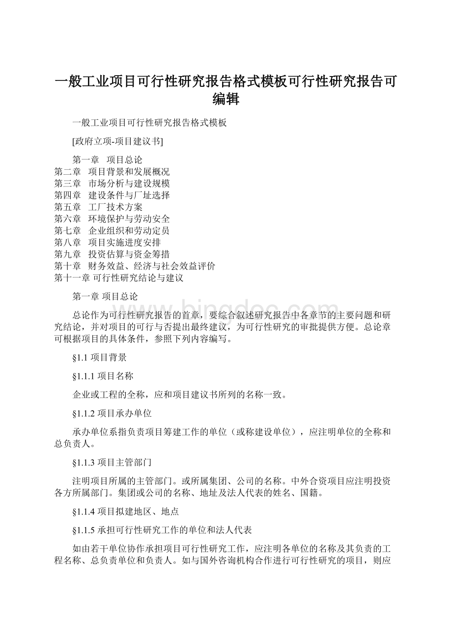 一般工业项目可行性研究报告格式模板可行性研究报告可编辑.docx_第1页