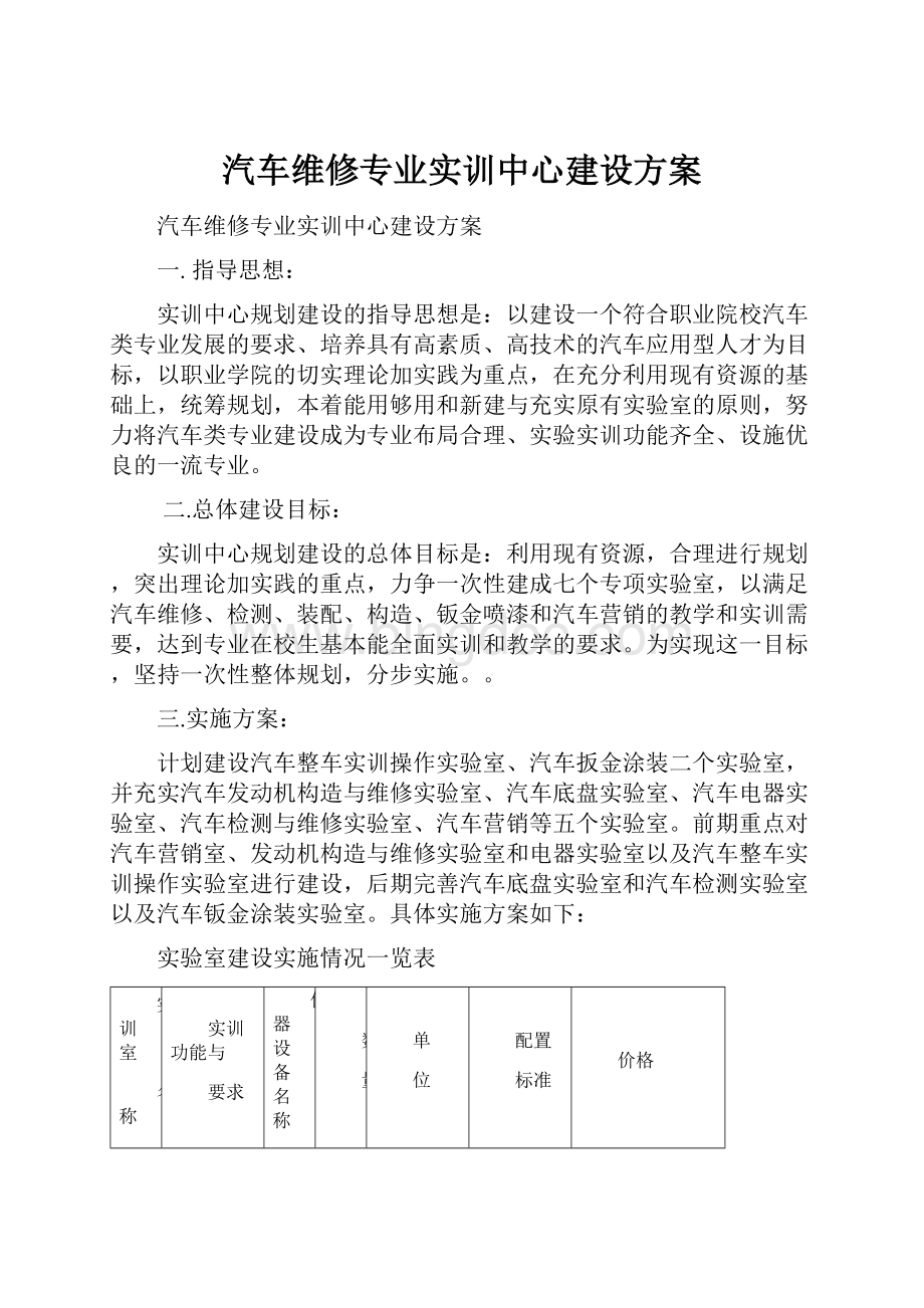 汽车维修专业实训中心建设方案Word下载.docx_第1页