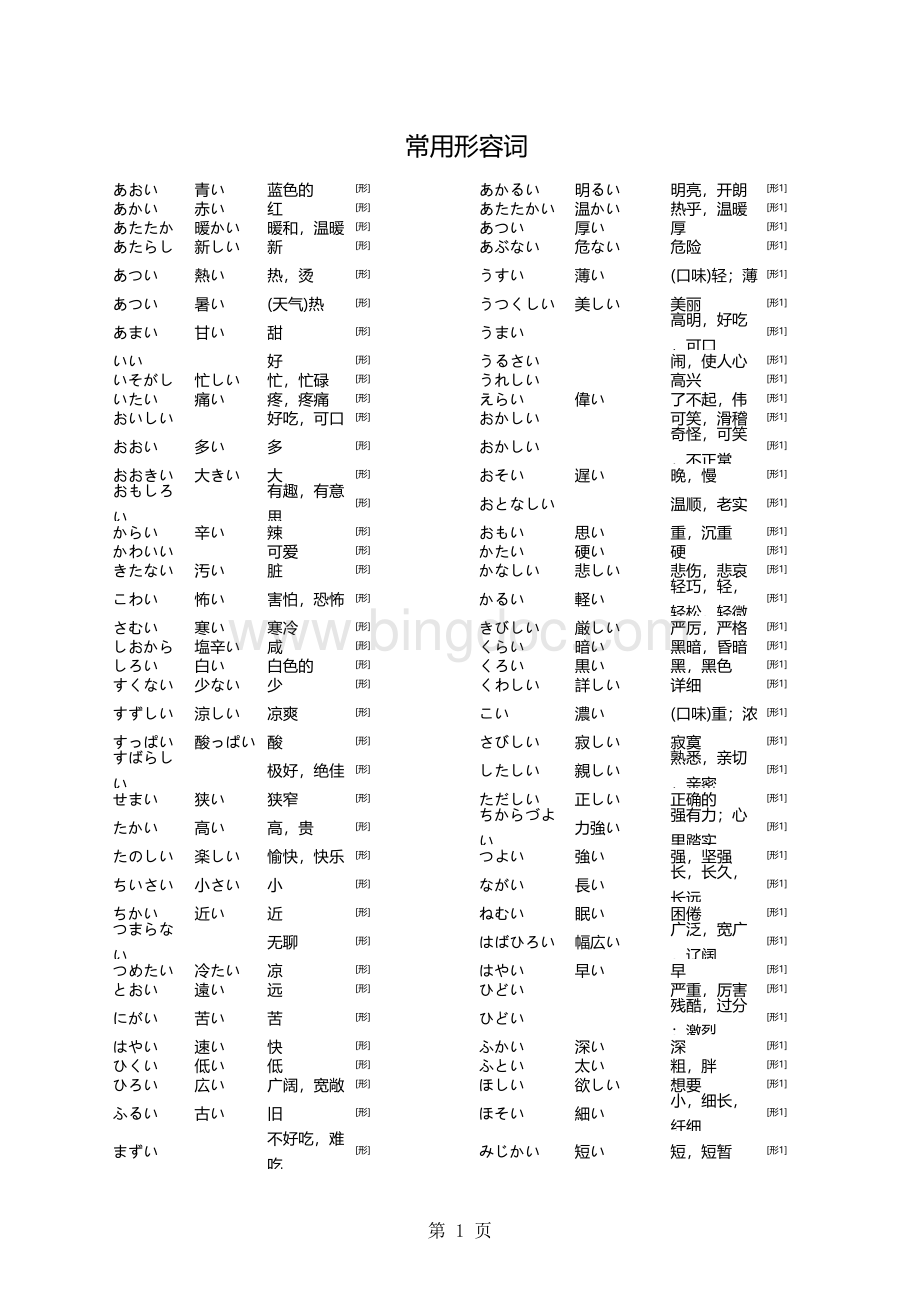 日语常用形容词整理(中日文对照)表格文件下载.xls_第1页