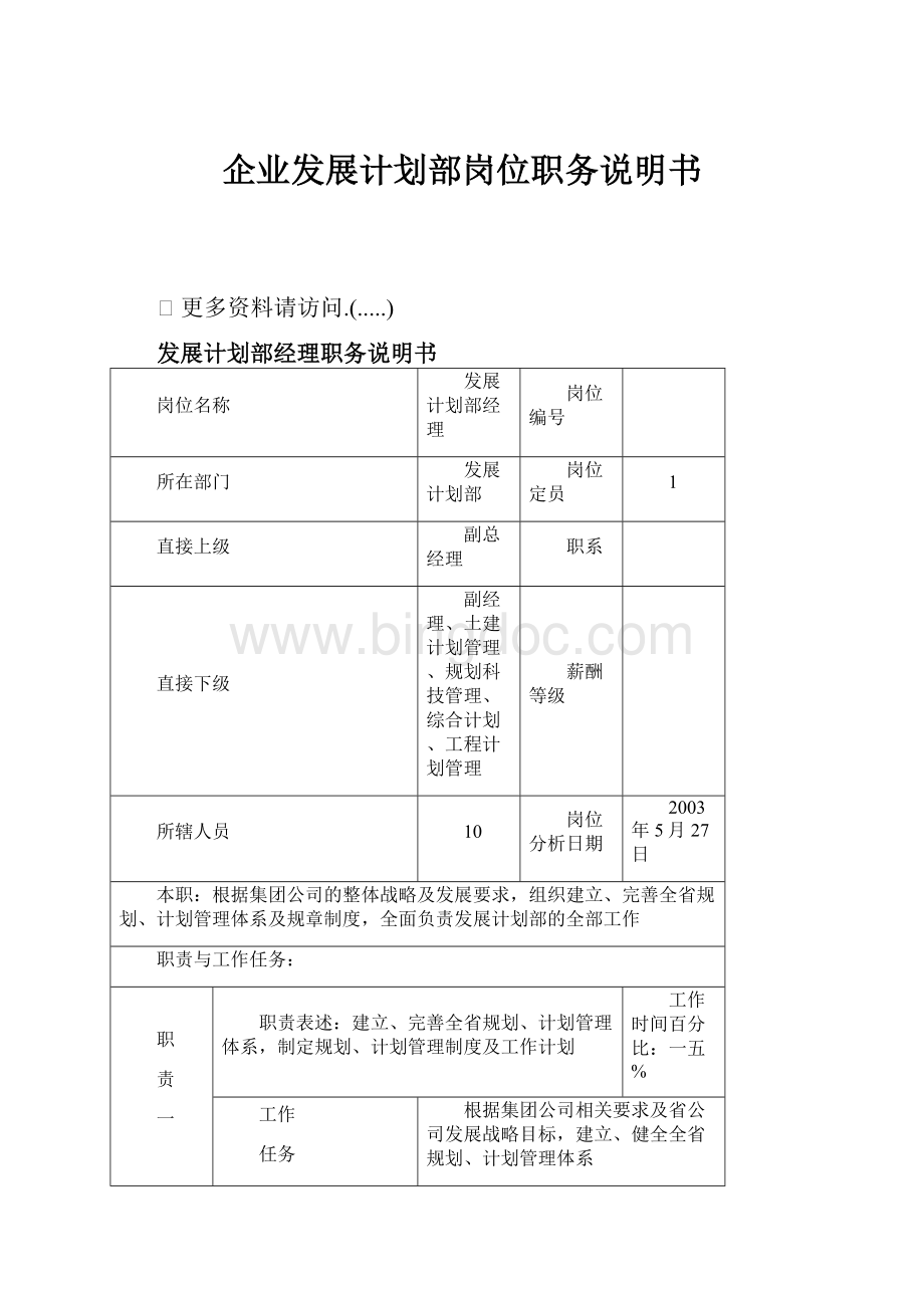 企业发展计划部岗位职务说明书.docx