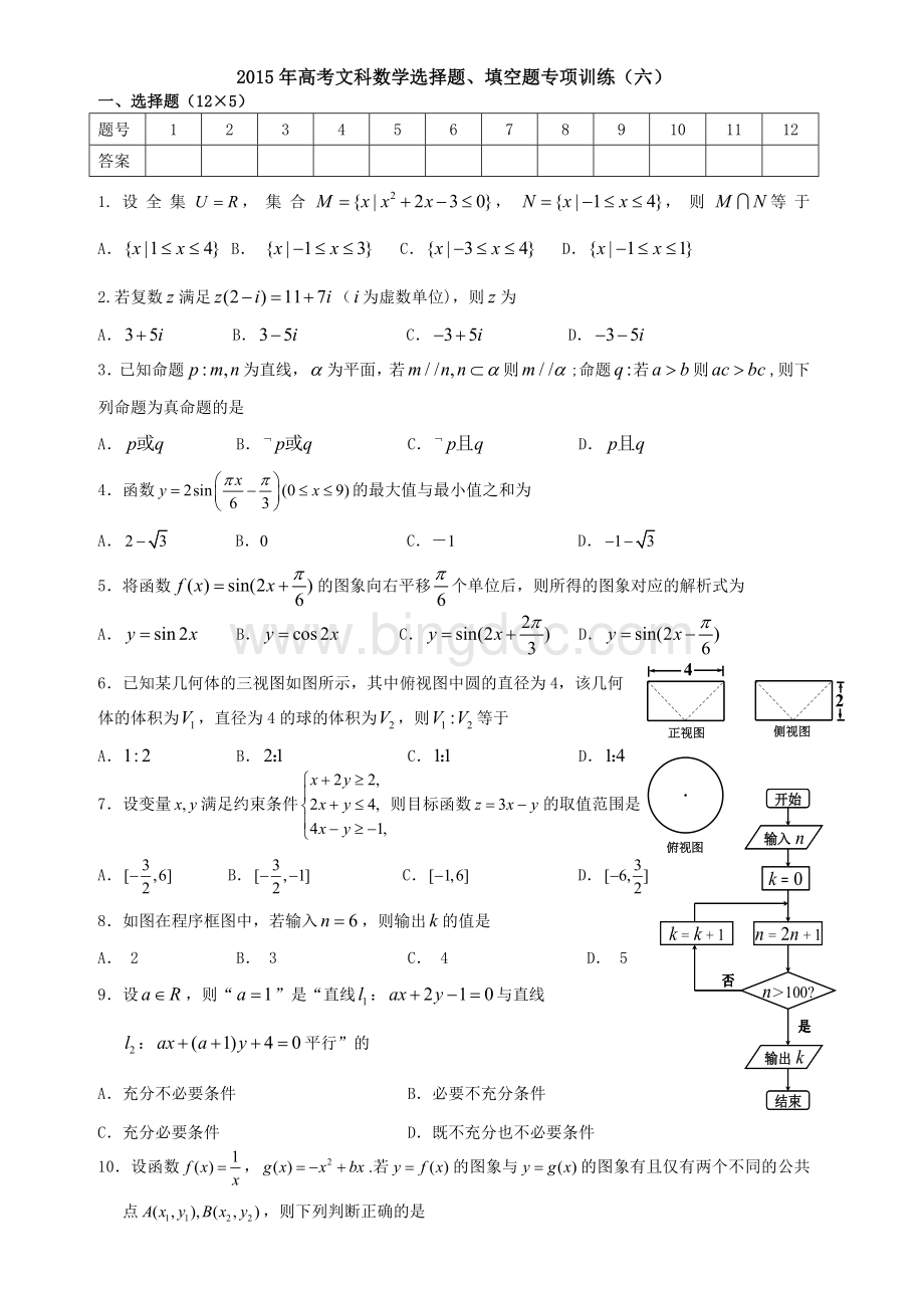 高考文科数学选择题、填空题专项训练1.doc_第1页