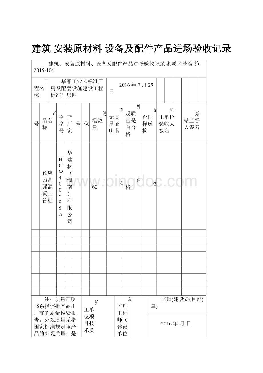 建筑 安装原材料 设备及配件产品进场验收记录.docx_第1页