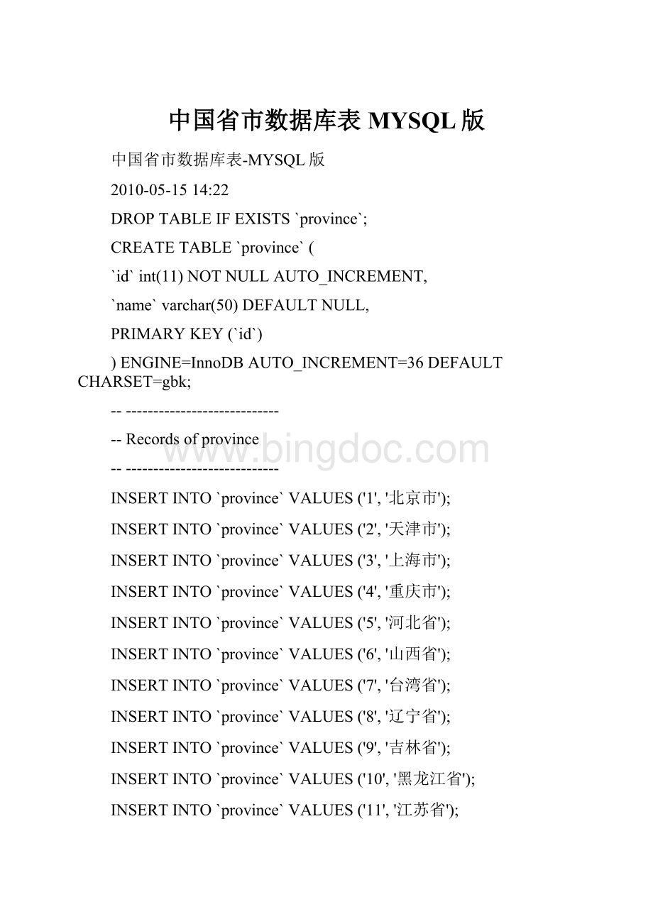 中国省市数据库表MYSQL版.docx_第1页