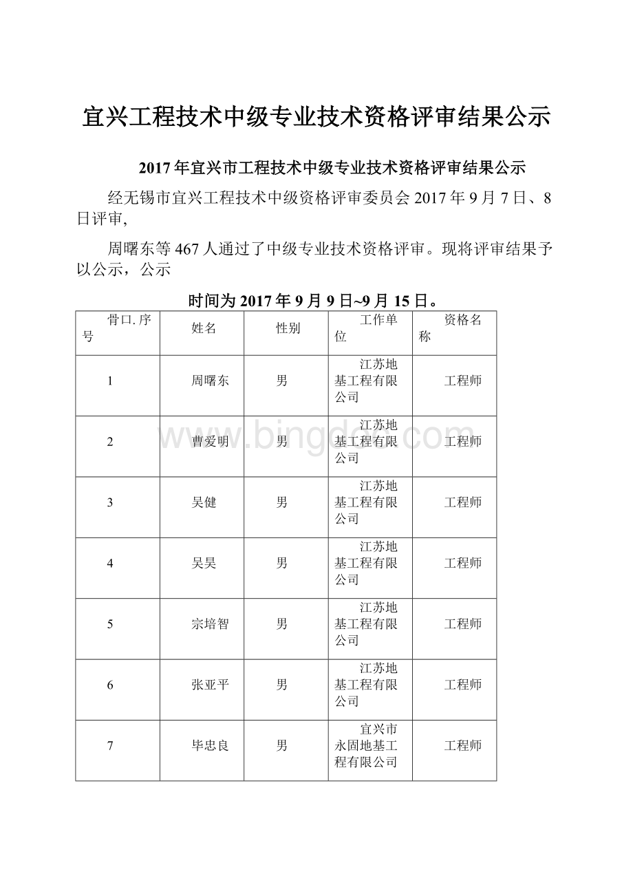 宜兴工程技术中级专业技术资格评审结果公示Word下载.docx