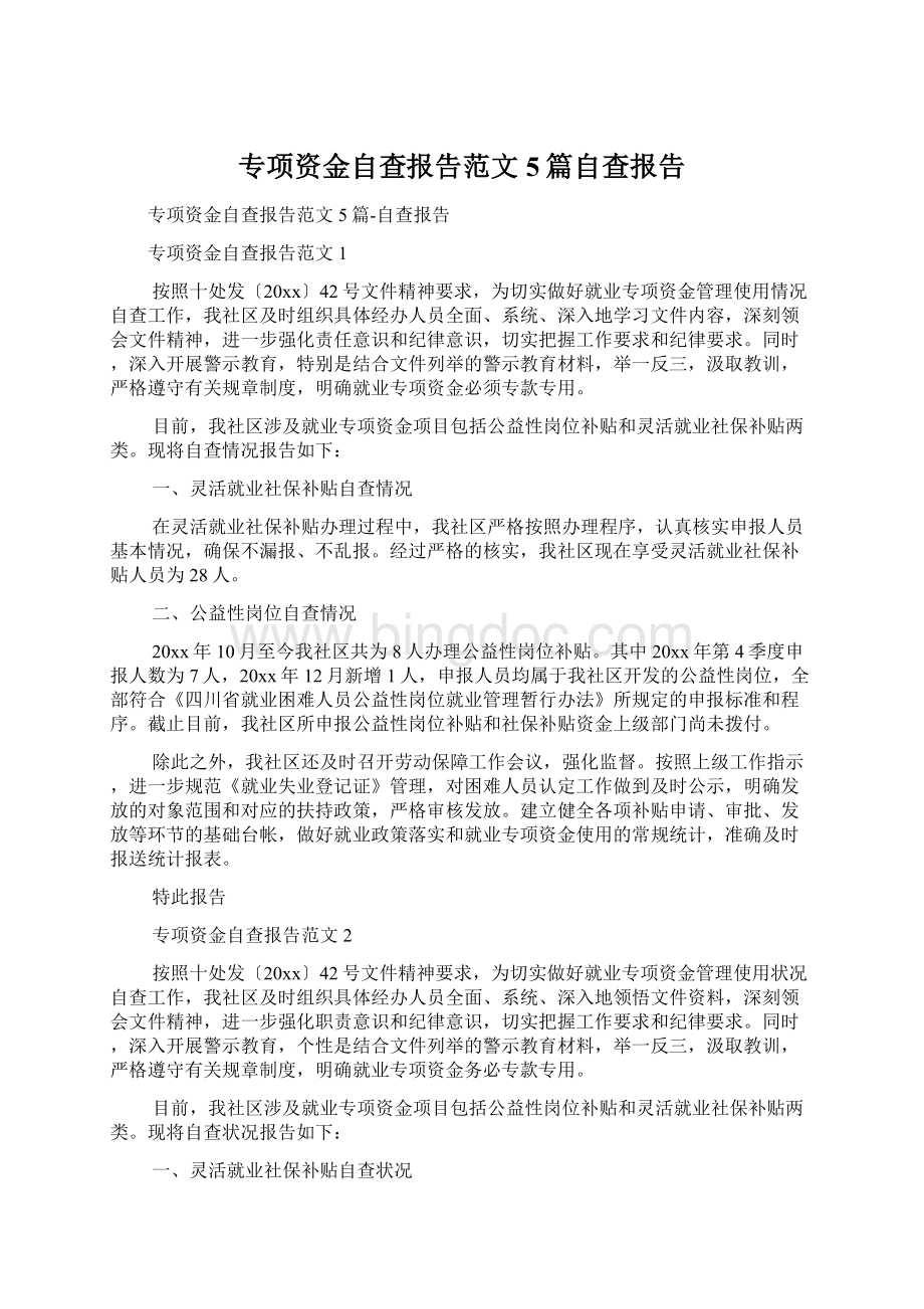 专项资金自查报告范文5篇自查报告Word格式.docx