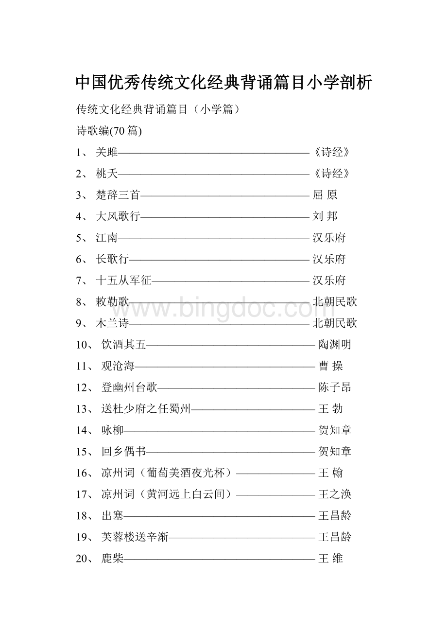 中国优秀传统文化经典背诵篇目小学剖析Word下载.docx