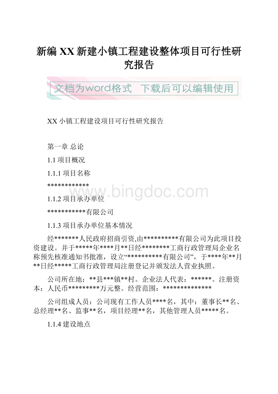 新编XX新建小镇工程建设整体项目可行性研究报告Word文件下载.docx