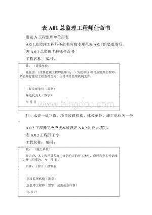 表A01 总监理工程师任命书Word文档下载推荐.docx